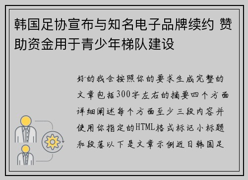 韩国足协宣布与知名电子品牌续约 赞助资金用于青少年梯队建设